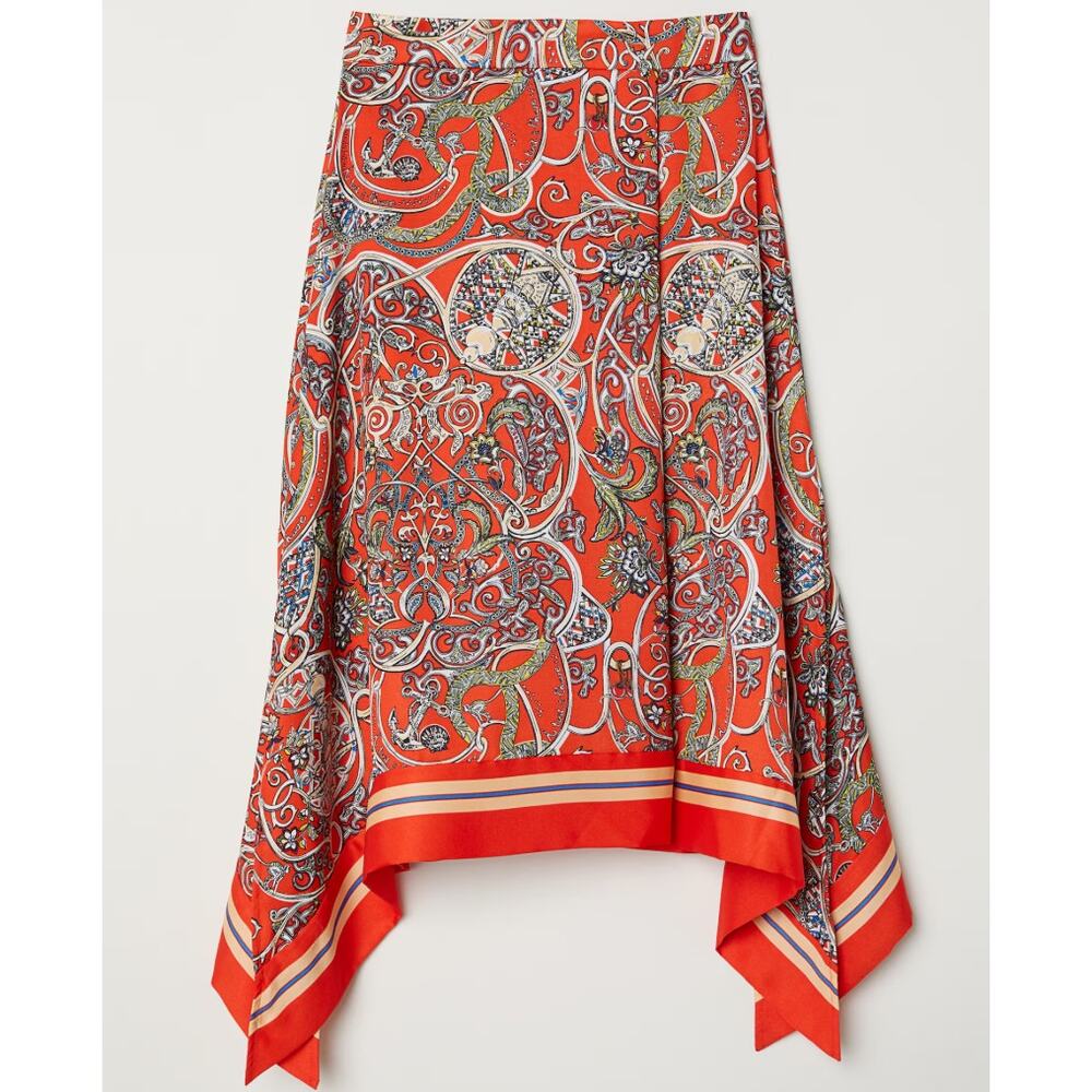 H&M Hankerchief Bright Red Printed Asymmetrical Midi Skirt. 8
